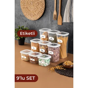 Etiketli Kare Erzak Saklama Kabı 9'lu Set 3x(0,55 Litre, 1,2 Litre, 1,75 Litre) Beyaz