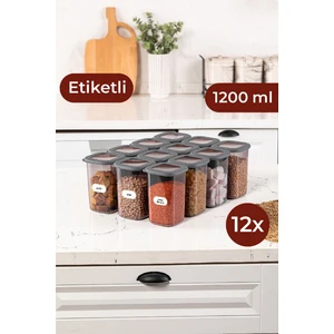 Etiketli Kare Erzak Saklama Kabı 12'li Set Orta Boy 1,2 Litre Antrasit