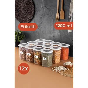 Etiketli Kare Erzak Saklama Kabı 12'li Set Orta Boy 1,2 Litre Beyaz