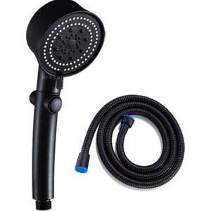 Turbo Siyah Duş Başlığı Stop Tuşlu 150 cm Usiyah Duş Hortumu Siyah Turbo Hortum