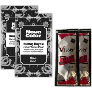 Nova Color Siyah Kumaş Boyası Toz 12 gr 2 Adet Kumaş Sabitleyici Fiske 15 ml 2 Adet Toz Kumaş Boyası Siyah Kot Pantalon Gömlek Tişört Tekstil Kumaş Boyası 2 Adet