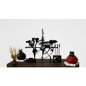 Dekoratif Metal Siyah Pusula Dünya Haritası Biblo (Kart ve Kalemlikli) 33X36