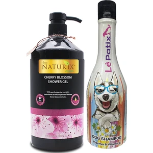 Le Patix Köpek Şampuanı Tüy Dökülme ve Topaklanma Önleyici Koku Giderici Papatya Özlü Pet Şampuan 400 ml + Naturix Japon Kirazı Duş Jeli 1000 ml