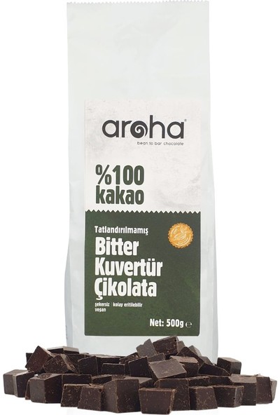 Aroha Bitter Tatlandırılmamış Şekersiz Glutensiz Vegan Çikolata Kuvertürü 500 gr