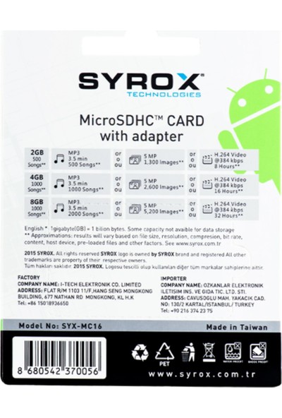 Syrox Mc 16 GB Microsd Adaptörlü Hafıza Kartı