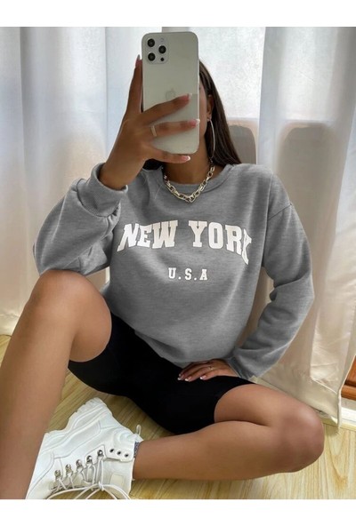 Laluvia Gri New York U.s.a Baskılı Oversize Sweatshirt