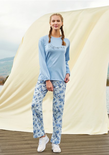 Kadın Mavi Yazı Baskılı Çiçek Desenli Uzun Kol T-Shirt Pijama Takımı 4093
