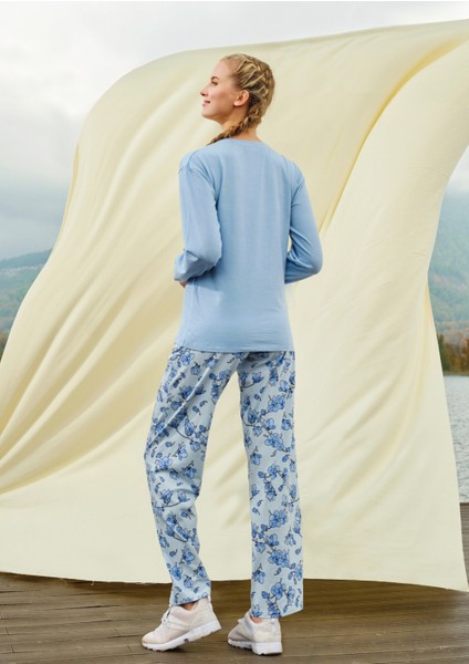 Kadın Mavi Yazı Baskılı Çiçek Desenli Uzun Kol T-Shirt Pijama Takımı 4093 fiyatları