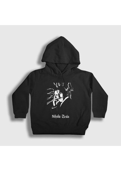 Unisex Çocuk Siyah Electric Current Scientist Nikola Tesla Kapüşonlu Sweatshirt
