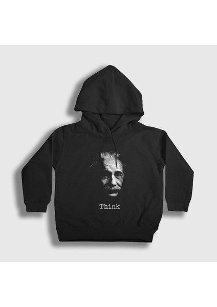 Unisex Çocuk Siyah Think Scientist Albert Einstein Kapüşonlu Sweatshirt