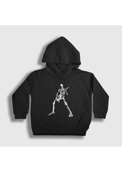 Unisex Çocuk Siyah Skeleton Guitarist Music Rock Kapüşonlu Sweatshirt