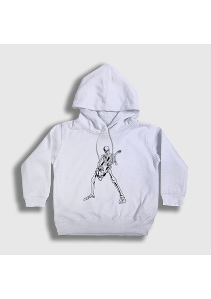 Unisex Çocuk Beyaz Skeleton Guitarist Music Rock Kapüşonlu Sweatshirt
