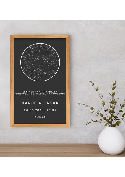 Gift Kişiye Özel Gökyüzü Yıldız Haritası Retro Ahşap Çerçeveli Tablo 40 x 25 cm