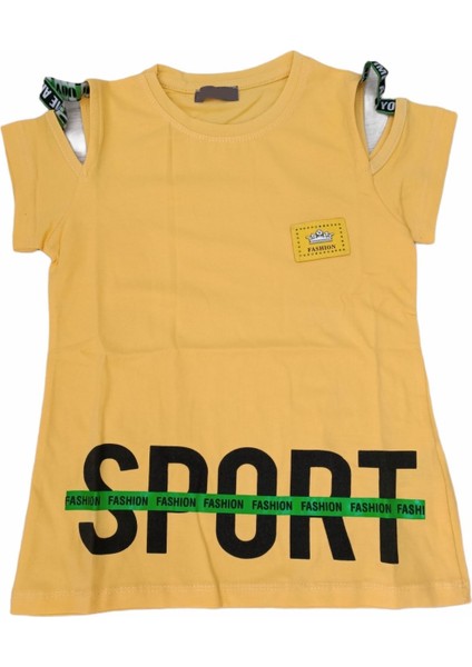 Kız Çocuk Sport Yazı Desenli Omuz Detaylı Tişört