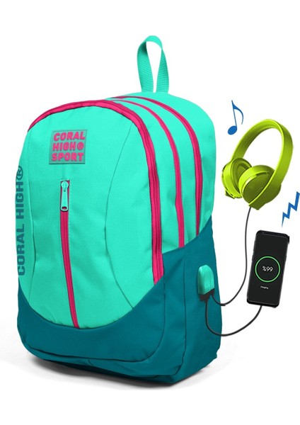 Coral High Su Yeşili Dört Bölmeli USB Şarjlı Kulaklık Çıkışlı Sırt Çantası 23229