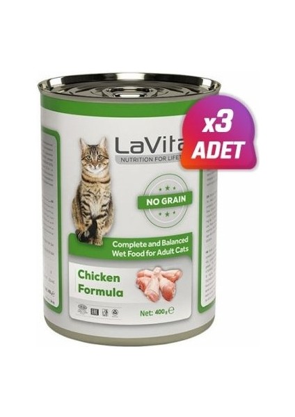 La Vital 3 Adet -  Adult Tahılsız Tavuklu Yetiskin Kedi Konservesi 400 gr