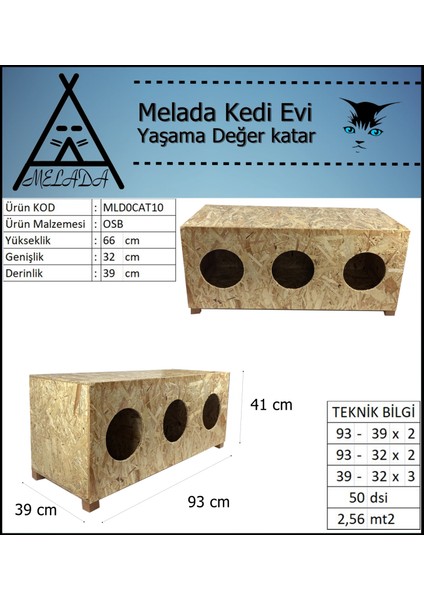 Melada Kedi Evi Dış Ortam Uygun 3'lü Ahşap Kedi Evi Osb 93X41X39 cm