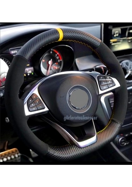 Chevrolet Kalos Dikmeli Direksiyon Kılıfı Alkantra-Karbon Sarı fiyatları