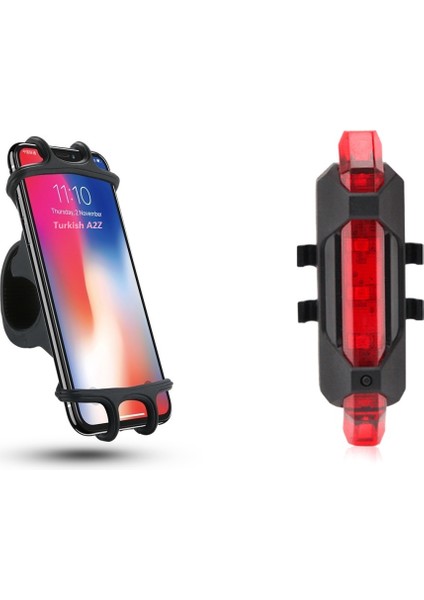 360° Bisiklet Scooter Telefon Tutucu ve 4 Modlu Sarjlı Arka Stop Uyarı Ikaz Işığı Lambası