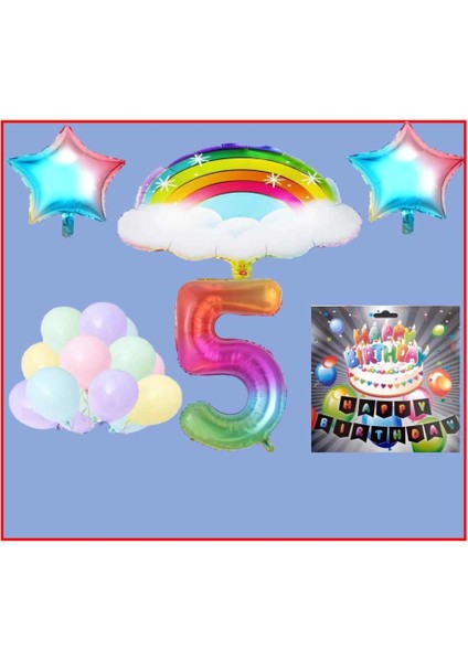 Bulutlu Gökkuşağı Yıldız Makaron Balon Banner Temalı 5 Yaş Doğum Günü Parti Seti