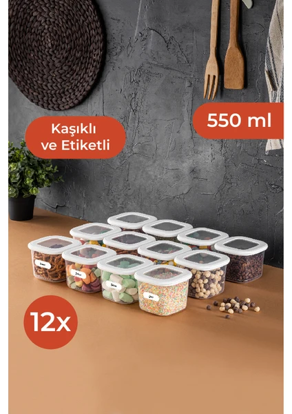 Etiketli ve Kaşıklı Kare Erzak Saklama Kabı 12'li Set Küçük Boy 0,55 Litre Beyaz