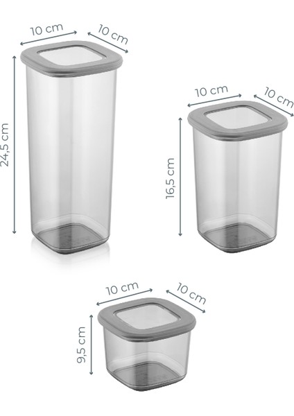 Etiketli Kare Erzak Saklama Kabı 9'lu Set 3x(0,55 Litre, 1,2 Litre, 1,75 Litre) Antrasit
