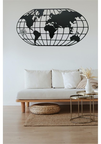 Dekoratif Metal Siyah Elips Dünya Haritası Duvar Tablosu 100X50.