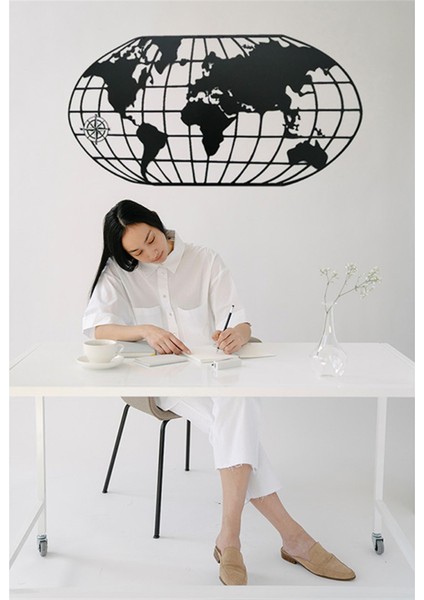 Dekoratif Metal Siyah Elips Dünya Haritası Duvar Tablosu 100X50. modelleri
