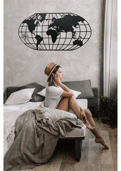 Dekoratif Metal Siyah Elips Dünya Haritası Duvar Tablosu 100X50. indirimleri