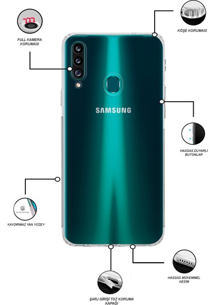 CaseWorld Samsung Galaxy A20S Kapak Kamera Korumalı Tıpalı Şeffaf Silikon Kılıf