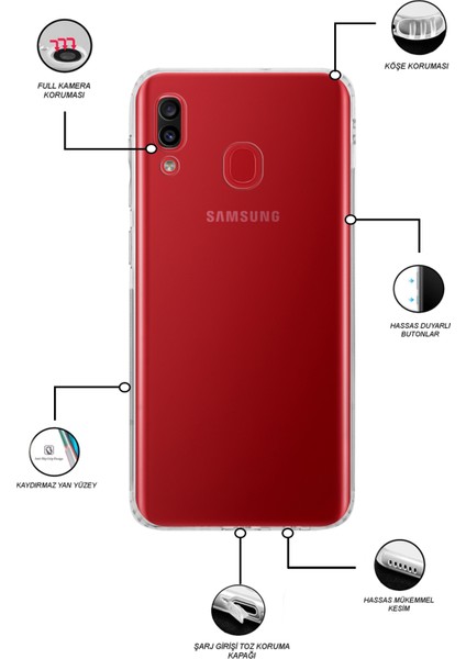 CaseWorld Samsung Galaxy A30 Kapak Kamera Korumalı Tıpalı Şeffaf Silikon Kılıf