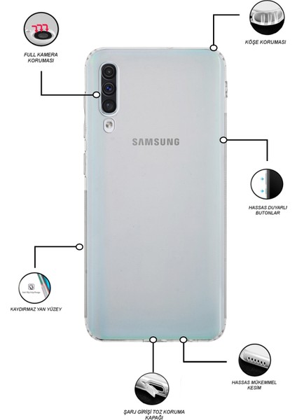 Case World Samsung Galaxy A50S ile Uyumlu Kapak Kamera Korumalı Tıpalı Şeffaf Silikon ile Uyumlu Kılıf