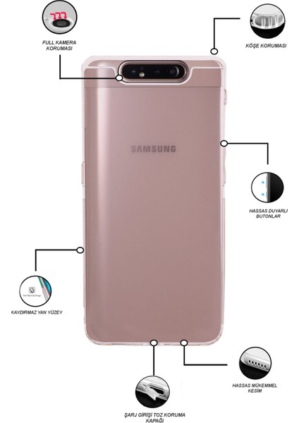 Samsung Galaxy A80 ile Uyumlu Kapak Kamera Korumalı Tıpalı Şeffaf Silikon ile Uyumlu Kılıf