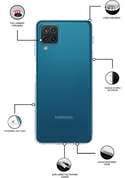 CaseWorld Samsung Galaxy M12 Kapak Kamera Korumalı Tıpalı Şeffaf Silikon Kılıf