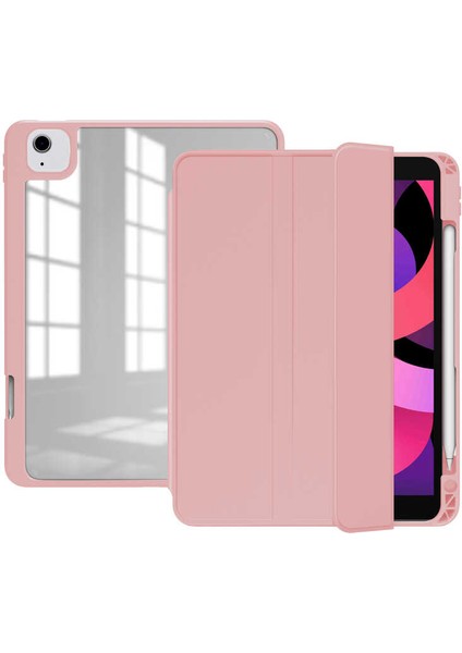 Case 4U Apple iPad Air 10.9 2022 (5.Nesil) Manyetik Nort Arkası Şeffaf Standlı Kılıf Pembe