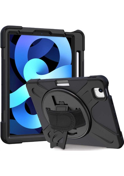 Case 4U Apple iPad Air 10.9 2022 (5.Nesil) Çift Katmanlı Darbeye Dayanıklı Stand Olabilen Askılı Defender Tablet Kılıf Siyah