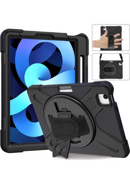 Case 4U Apple iPad Air 10.9 2022 (5.Nesil) Çift Katmanlı Darbeye Dayanıklı Stand Olabilen Askılı Defender Tablet Kılıf Siyah