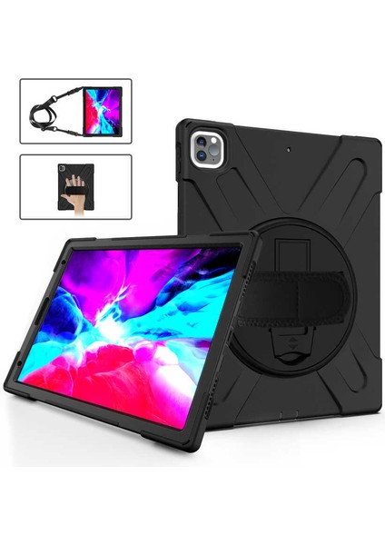 Case 4U Apple iPad Pro 12.9 2021 (5.Nesil) Çift Katmanlı Darbeye Dayanıklı Stand Olabilen Askılı Defender Tablet Kılıf Siyah