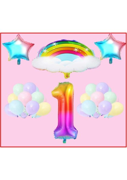 Bulutlu Gökkuşağı Yıldız Temalı Makaron Balon 1 Yaş Doğum Günü Parti Seti