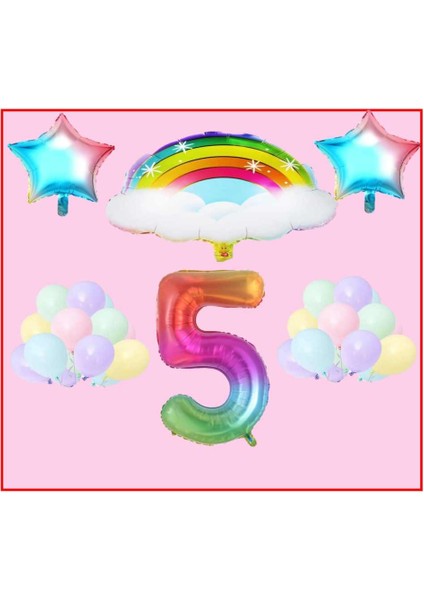 Bulutlu Gökkuşağı Yıldız Temalı Makaron Balon 5 Yaş Doğum Günü Parti Seti