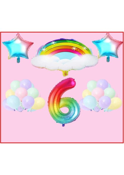 Bulutlu Gökkuşağı Yıldız Temalı Makaron Balon 6 Yaş Doğum Günü Parti Seti