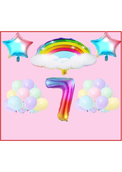 Bulutlu Gökkuşağı Yıldız Temalı Makaron Balon 7 Yaş Doğum Günü Parti Seti