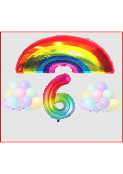 Gökkuşağı Temalı Makaron Balon 6 Yaş Doğum Günü Parti Seti