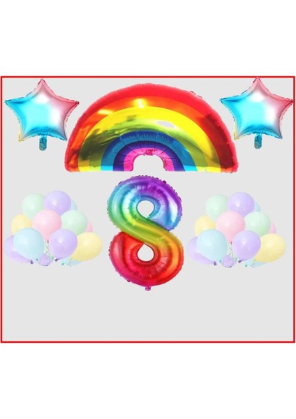 Gökkuşağı Yıldız Temalı Makaron Balon 8 Yaş Doğum Günü Parti Seti