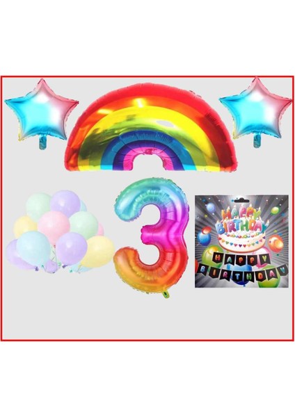 Gökkuşağı Yıldız Makaron Balon Banner Temalı 3 Yaş Doğum Günü Parti Seti