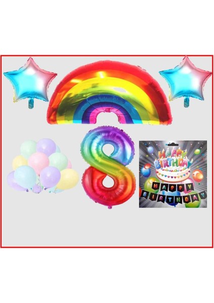 Gökkuşağı Yıldız Makaron Balon Banner Temalı 8 Yaş Doğum Günü Parti Seti