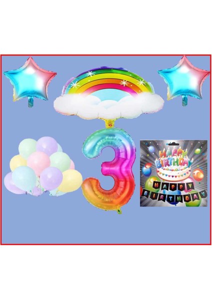 Bulutlu Gökkuşağı Yıldız Makaron Balon Banner Temalı 3 Yaş Doğum Günü Parti Seti