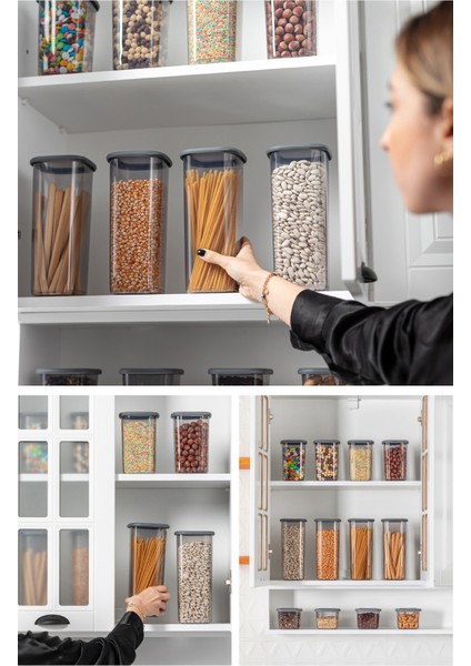 Etiketli Kare Erzak Saklama Kabı 9'lu Set 3x(0,55 Litre, 1,2 Litre, 1,75 Litre) Antrasit