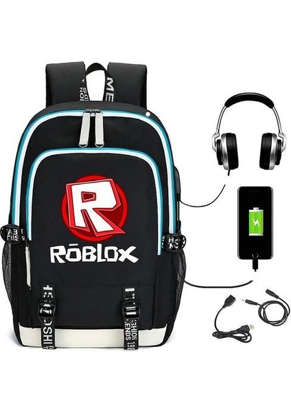 Sanal Dünya Roblox Sırt Çantası USB Şarj Öğrenci Sırt Çantası (Siyah)(Yurt Dışından)