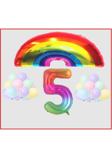 Gökkuşağı Temalı Makaron Balon 5 Yaş Doğum Günü Parti Seti